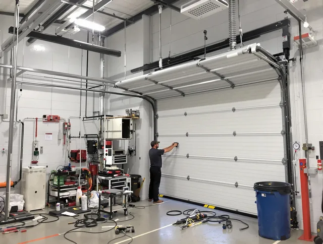 Worthington Garage Door Repair certified technician performing commercial door repair at a Worthington business facility