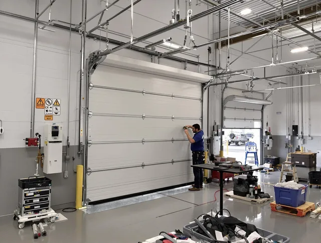 Commercial garage door repair being performed by Worthington Garage Door Repair expert in Worthington