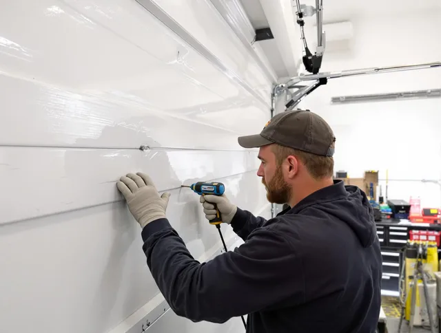 Worthington Garage Door Repair technician demonstrating precision dent removal techniques on a Worthington garage door