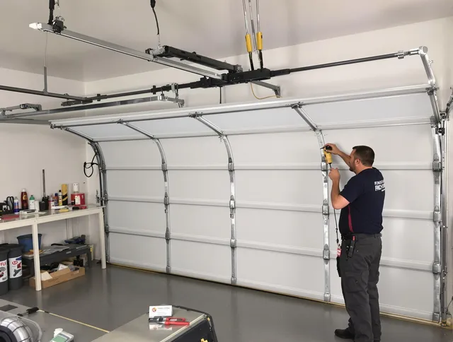 Worthington Garage Door Repair certified technician performing overhead door system repair in Worthington