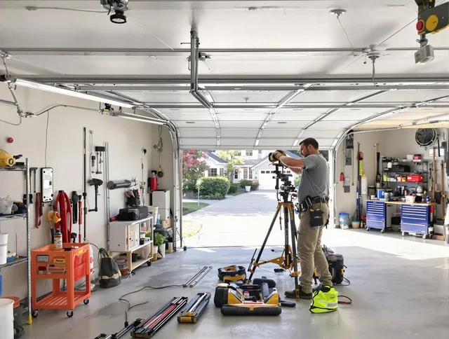 Worthington Garage Door Repair specialist performing laser-guided track alignment in Worthington